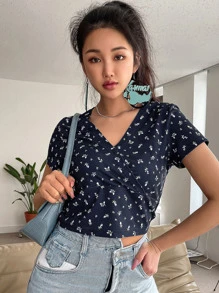 DAZY Ditsy Floral Print Surplice Neck Tee - Navy Blue - View 2