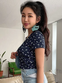 DAZY Ditsy Floral Print Surplice Neck Tee - Navy Blue - View 3