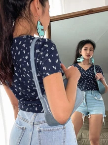 DAZY Ditsy Floral Print Surplice Neck Tee - Navy Blue - View 7