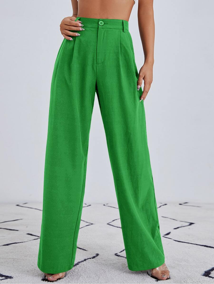 SHEIN Essnce Solid Zip Up Wide Leg Trousers - Green - View 1