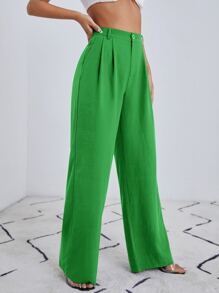SHEIN Essnce Solid Zip Up Wide Leg Trousers - Green - View 4