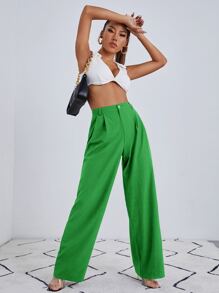 SHEIN Essnce Solid Zip Up Wide Leg Trousers - Green - View 5