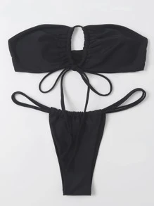 SHEIN Swim Summer Beach Solid Bikini Set Tie Front Bandeau Top & Thong Bottom 2 Piece Bathing Suit - Black - View 4