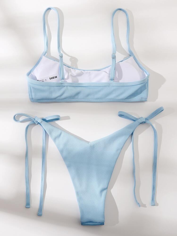 Summer Beach Ribbed Bikini Set Adjustable Strap Cami Top & Tie Side Thong Bottom 2 Piece Bathing Suit