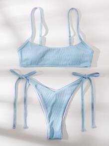 SHEIN Swim Summer Beach Ribbed Bikini Set Adjustable Strap Cami Top & Tie Side Thong Bottom 2 Piece Bathing Suit - Baby Blue - View 3