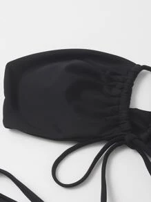 SHEIN Swim Summer Beach Solid Bikini Set Tie Front Bandeau Top & Thong Bottom 2 Piece Bathing Suit - Black - View 5