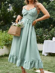 Simplee 素色褶邊腰帶吊帶洋裝 - 薄荷綠 - 查看 1