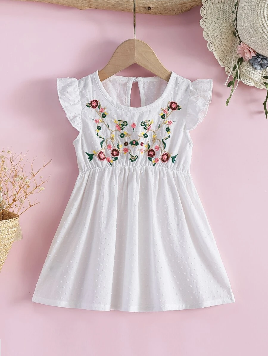 Baby Floral Embroidered Ruffle Sleeve Keyhole Back Dress - White - View 1