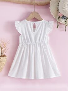 Baby Floral Embroidered Ruffle Sleeve Keyhole Back Dress - White - View 2