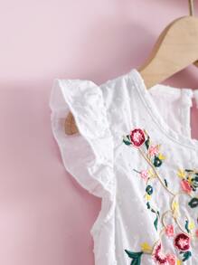Baby Floral Embroidered Ruffle Sleeve Keyhole Back Dress - White - View 3