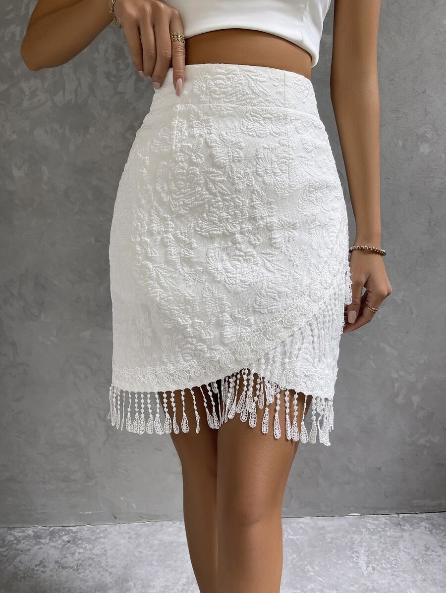 SHEIN Frenchy Floral Wrap Lace Fringe Skirt - White - View 1