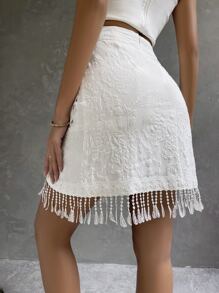 SHEIN Frenchy Floral Wrap Lace Fringe Skirt - White - View 2