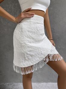 SHEIN Frenchy Floral Wrap Lace Fringe Skirt - White - View 3