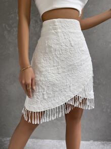 SHEIN Frenchy Floral Wrap Lace Fringe Skirt - White - View 5