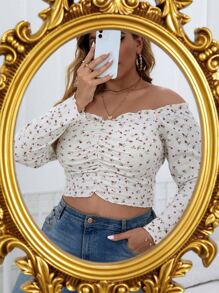 SHEIN Clasi Plus Ditsy Floral Print Off Shoulder Ruched Crop Tee