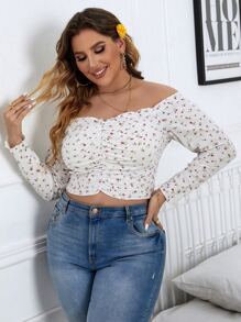 SHEIN Clasi Plus Ditsy Floral Print Off Shoulder Ruched Crop Tee