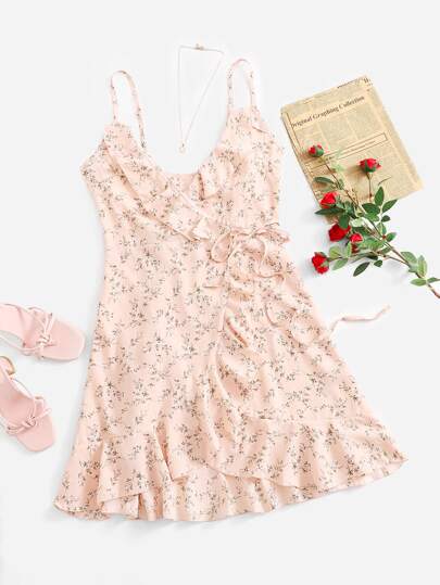 SHEIN 小碎花荷葉邊圍裹結飾吊帶連衣裙