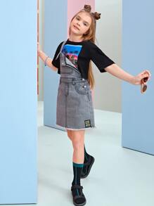女孩補丁細節毛邊緣牛仔背帶裙 - 灰色 - 查看 4