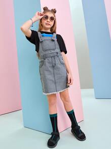 女孩補丁細節毛邊緣牛仔背帶裙 - 灰色 - 查看 5