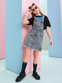 女孩補丁細節毛邊緣牛仔背帶裙 - 灰色 - 查看 6