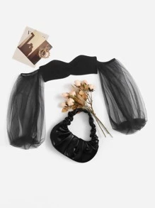 SHEIN Unity Off Shoulder Sheer Mesh Lantern Sleeve Crop Top - Black - View 1