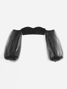 SHEIN Unity Off Shoulder Sheer Mesh Lantern Sleeve Crop Top - Black - View 2