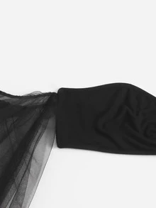 SHEIN Unity Off Shoulder Sheer Mesh Lantern Sleeve Crop Top - Black - View 4