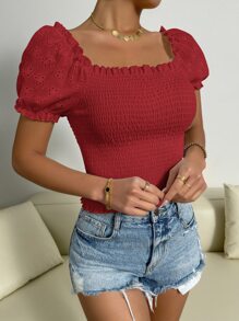 SHEIN Unity Top con bordado con ojal de manga farol con fruncido - Rojo - Ver 1