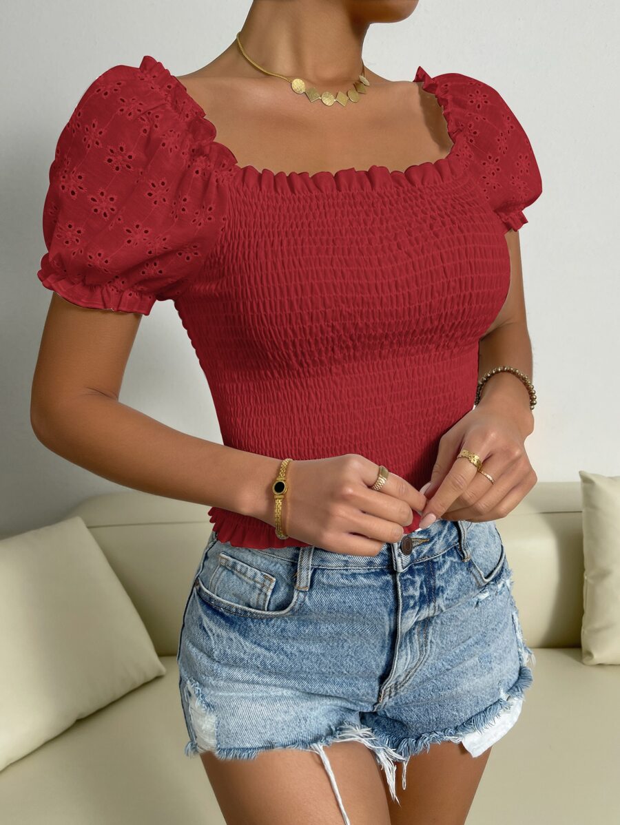 SHEIN Unity Top con bordado con ojal de manga farol con fruncido - Rojo - Ver 1