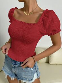 SHEIN Unity Top con bordado con ojal de manga farol con fruncido - Rojo - Ver 4