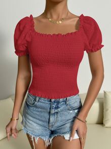 SHEIN Unity Top con bordado con ojal de manga farol con fruncido - Rojo - Ver 5