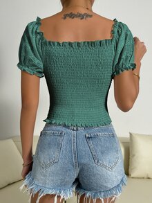 SHEIN Unity Top con bordado con ojal de manga farol con fruncido - Verde Oscuro - Ver 2