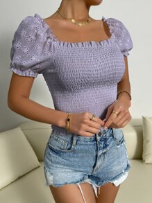 SHEIN Unity Top con bordado con ojal de manga farol con fruncido - Púrpura malva - Ver 1