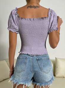SHEIN Unity Top con bordado con ojal de manga farol con fruncido - Púrpura malva - Ver 2