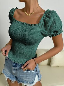 SHEIN Unity Top con bordado con ojal de manga farol con fruncido - Verde Oscuro - Ver 4