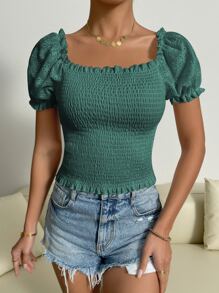 SHEIN Unity Top con bordado con ojal de manga farol con fruncido - Verde Oscuro - Ver 5