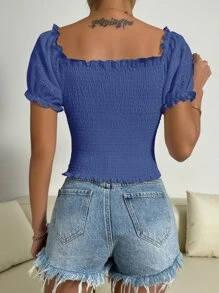 SHEIN Unity Eyelet Embroidery Puff Sleeve Shirred Top - Blue - View 2