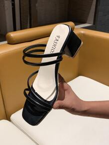 Multi Strap Chunky Heeled Mule Sandals - Black - View 2