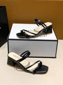 Multi Strap Chunky Heeled Mule Sandals - Black - View 5