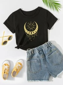 SHEIN Girls 1pc Sun & Moon Print Tee - Black - View 1