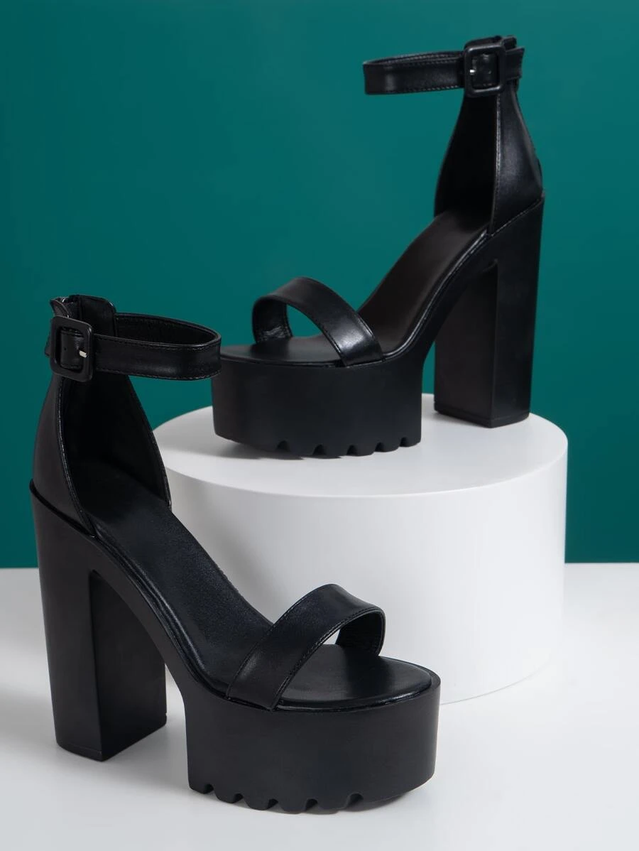 Platform Chunky Heeled Ankle Strap Sandals - Black - View 1