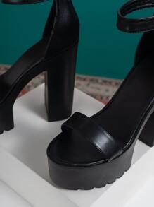 Platform Chunky Heeled Ankle Strap Sandals - Black - View 3