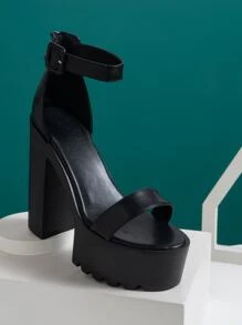 Platform Chunky Heeled Ankle Strap Sandals - Black - View 4
