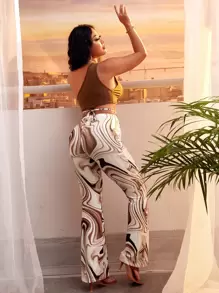 SHEIN SXY Solid Asymmetric Neck Cut Out Crop Top & Marble Print Flare Leg Trousers - Brown - View 2