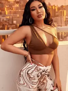 SHEIN SXY Solid Asymmetric Neck Cut Out Crop Top & Marble Print Flare Leg Trousers - Brown - View 3