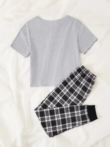 Conjunto de pijama con top estampado con gráfico de letras y pantalón a cuadros