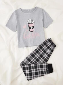 Conjunto de pijama con top estampado con gráfico de letras y pantalón a cuadros