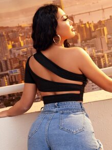 SHEIN SXY Solid One Shoulder Cut Out Rib Knit Crop Top - Black - View 1