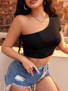 SHEIN SXY Solid One Shoulder Cut Out Rib Knit Crop Top - Black - View 3
