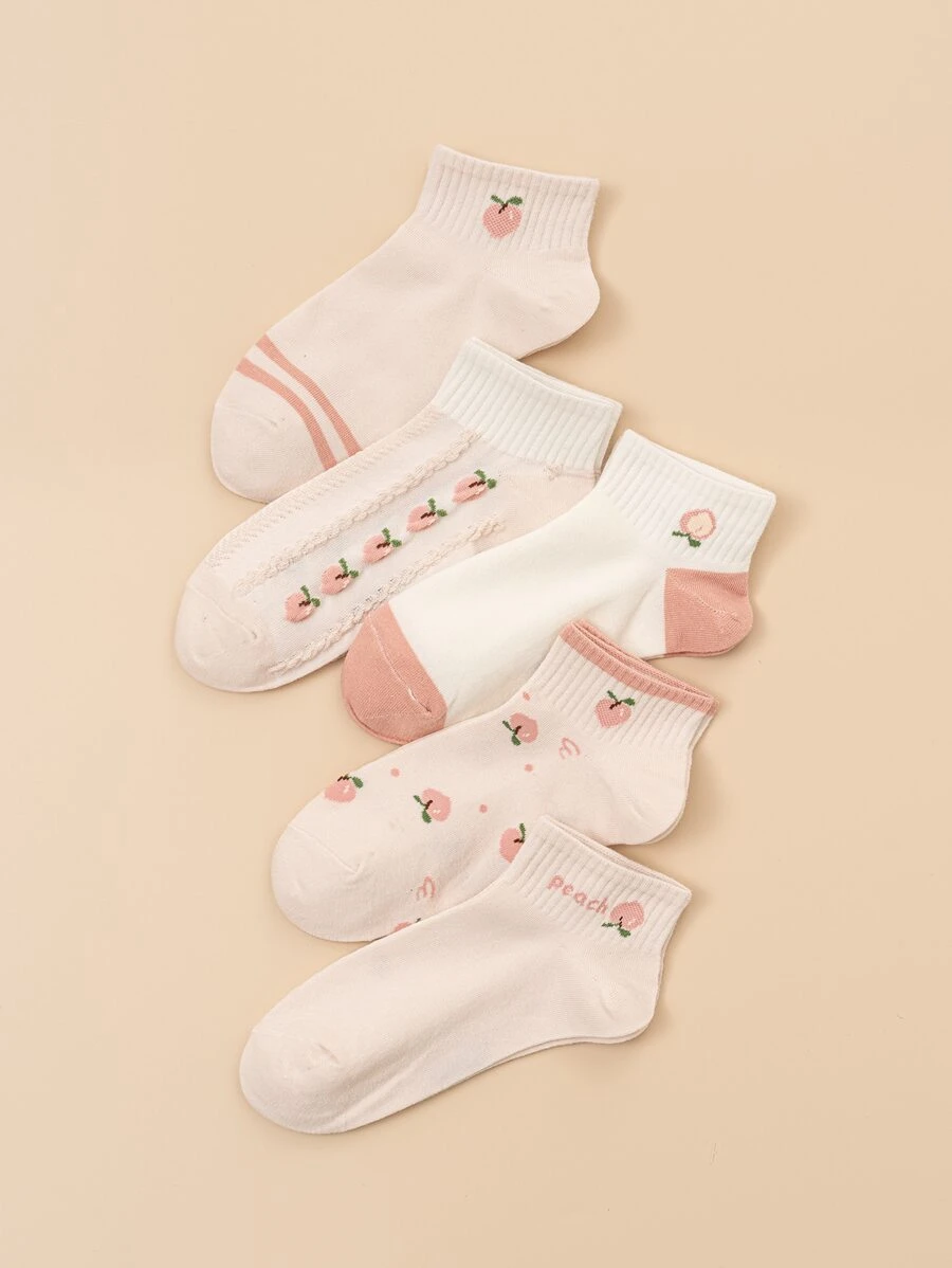 5雙桃子樣式短襪 - 彩色 - 查看 1